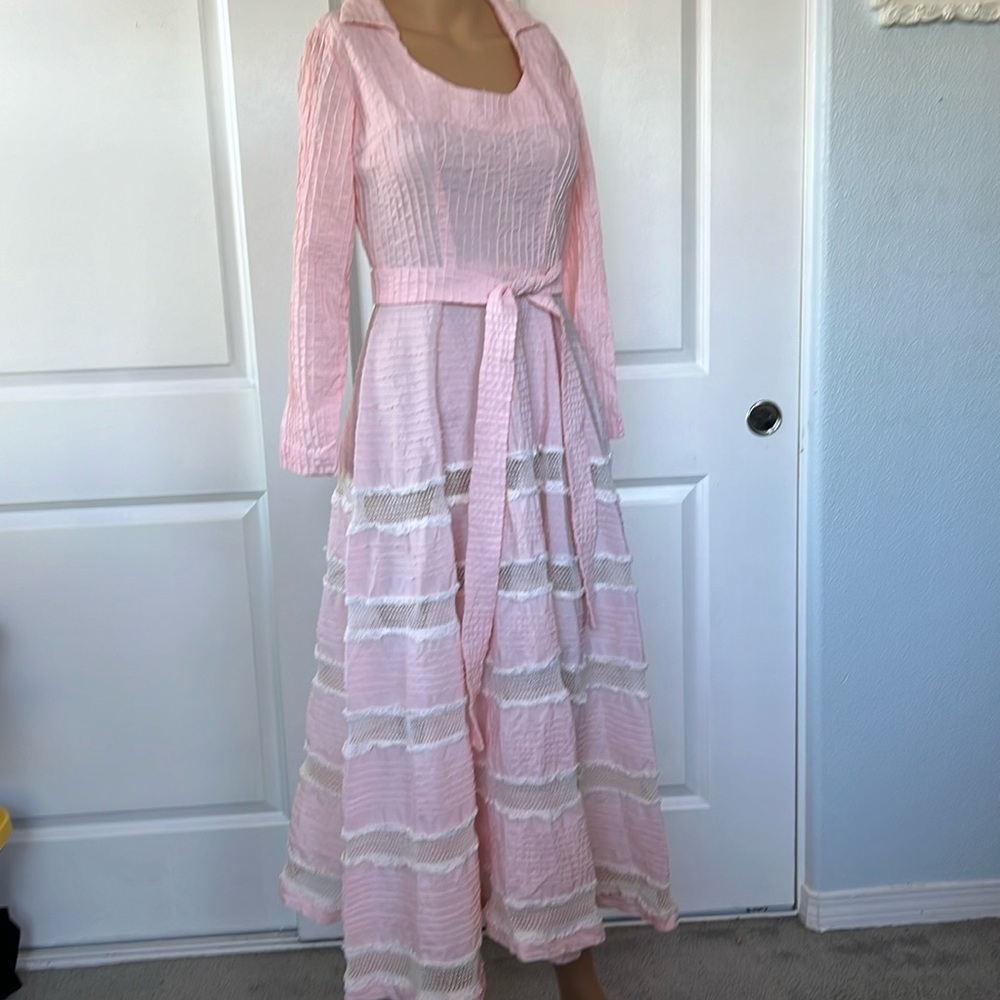 Vtg 1950s TACHI CASTILLO tiny fit amazing pale pink PINTUCK sheer lace inset S